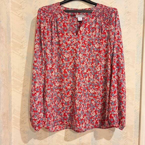 Adrienne Vittadini Tops - Adrienne Vittadini Womens Smocked Shoulder L Red Blouse Blue White Flowers NWOT